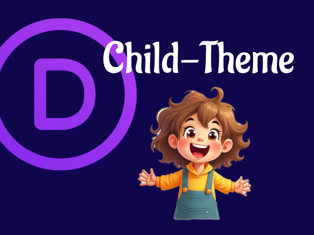 Das Logo des DIVI Theme mit dem Schriftzug "Child-Theme" und einem lachenden Kind im Comic-Stil.